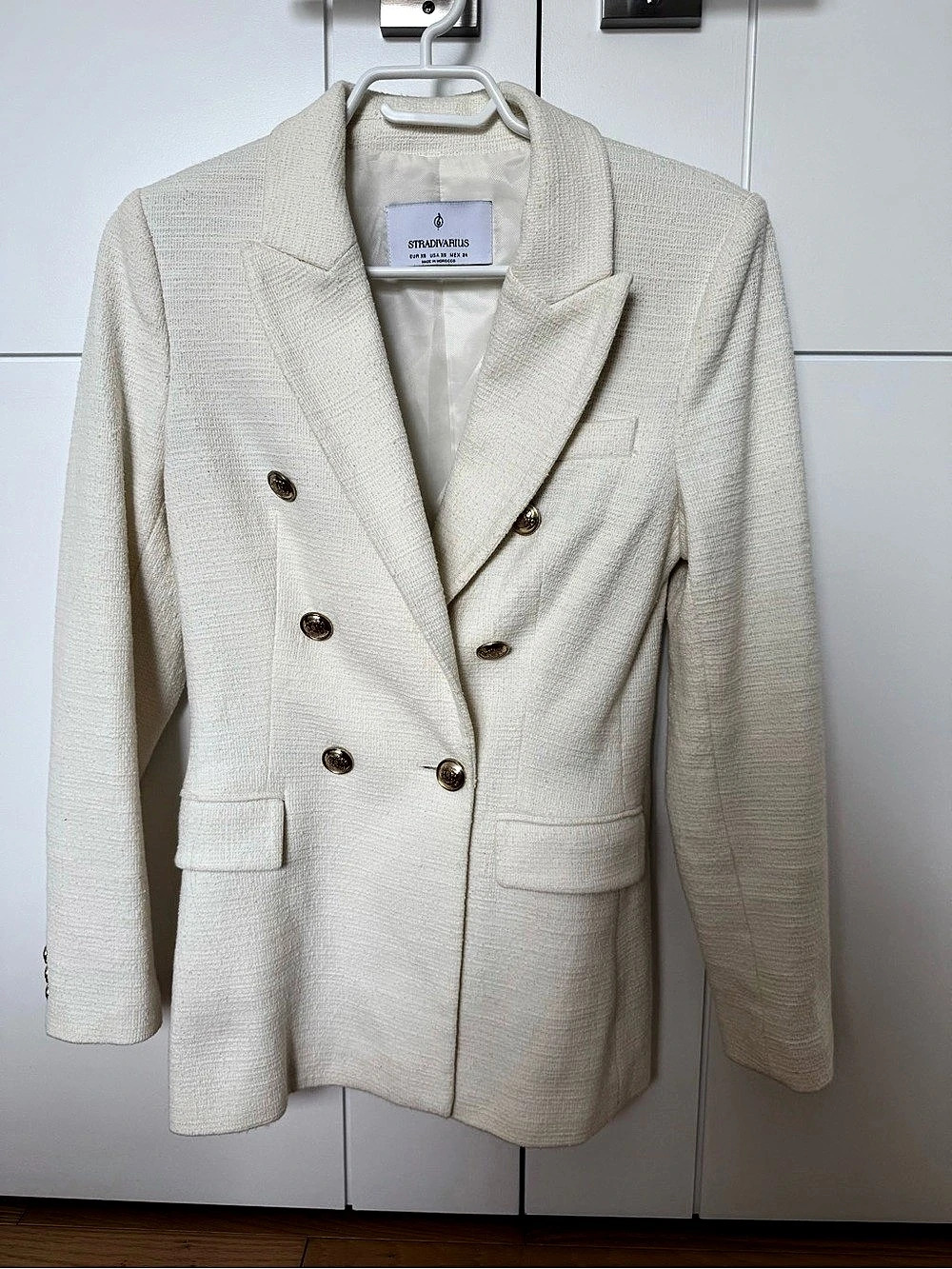 Stradivarius Double-Breasted Tweed Blazer Cream XS